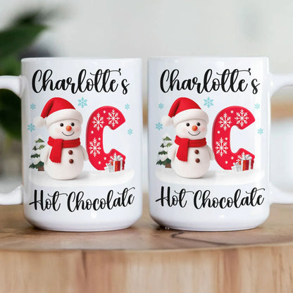 Custom Snowman Initial White Ceramic Mug for Hot Chocolate & Morning Coffee – Festive Personalized Christmas Gift, Fun and Cute Winter Present