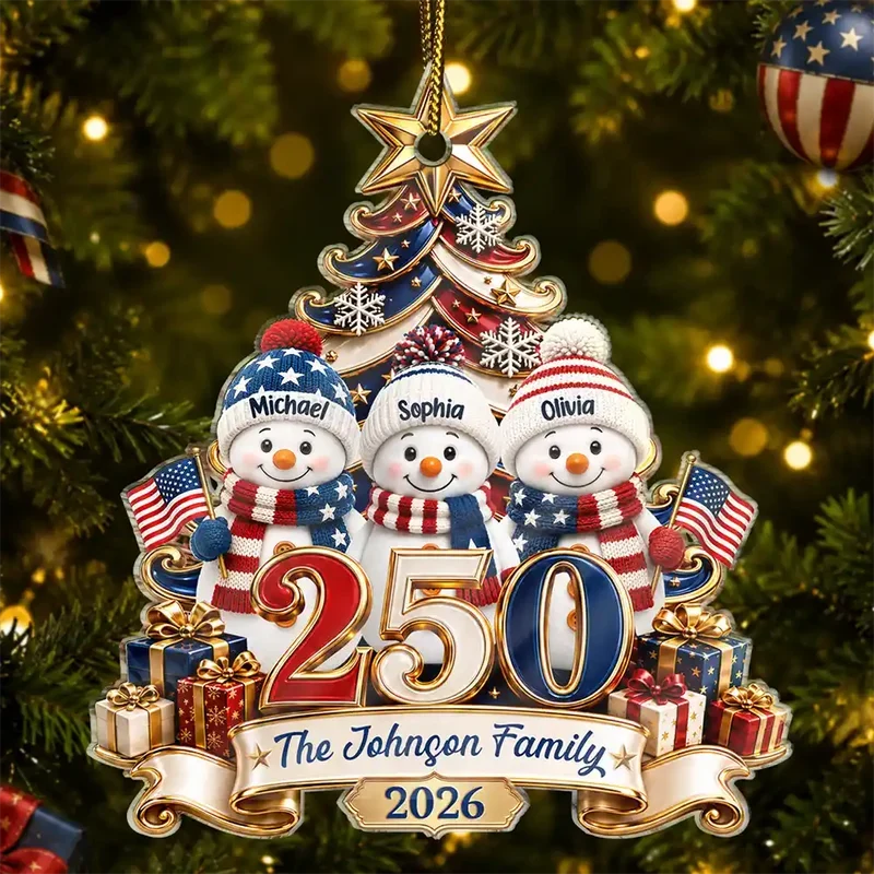 Personalized USA 250th Anniversary Snowman Family Ornament, Custom Names & Year, 1776–2026 Patriotic Christmas Keepsake