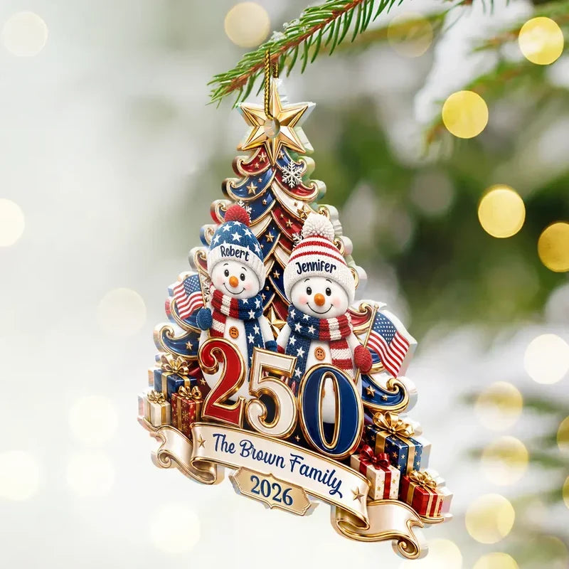 Personalized USA 250th Anniversary Snowman Family Ornament, Custom Names & Year, 1776–2026 Patriotic Christmas Keepsake