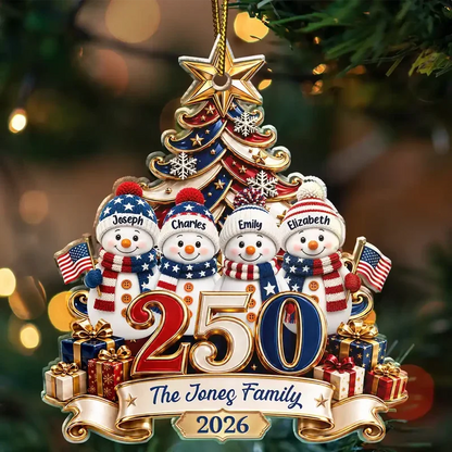 Personalized USA 250th Anniversary Snowman Family Ornament, Custom Names & Year, 1776–2026 Patriotic Christmas Keepsake