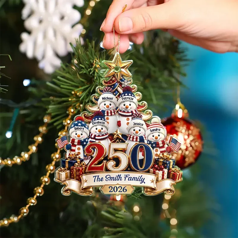 Personalized USA 250th Anniversary Snowman Family Ornament, Custom Names & Year, 1776–2026 Patriotic Christmas Keepsake