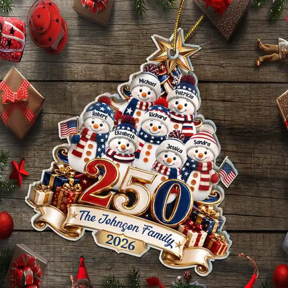 Personalized USA 250th Anniversary Snowman Family Ornament, Custom Names & Year, 1776–2026 Patriotic Christmas Keepsake