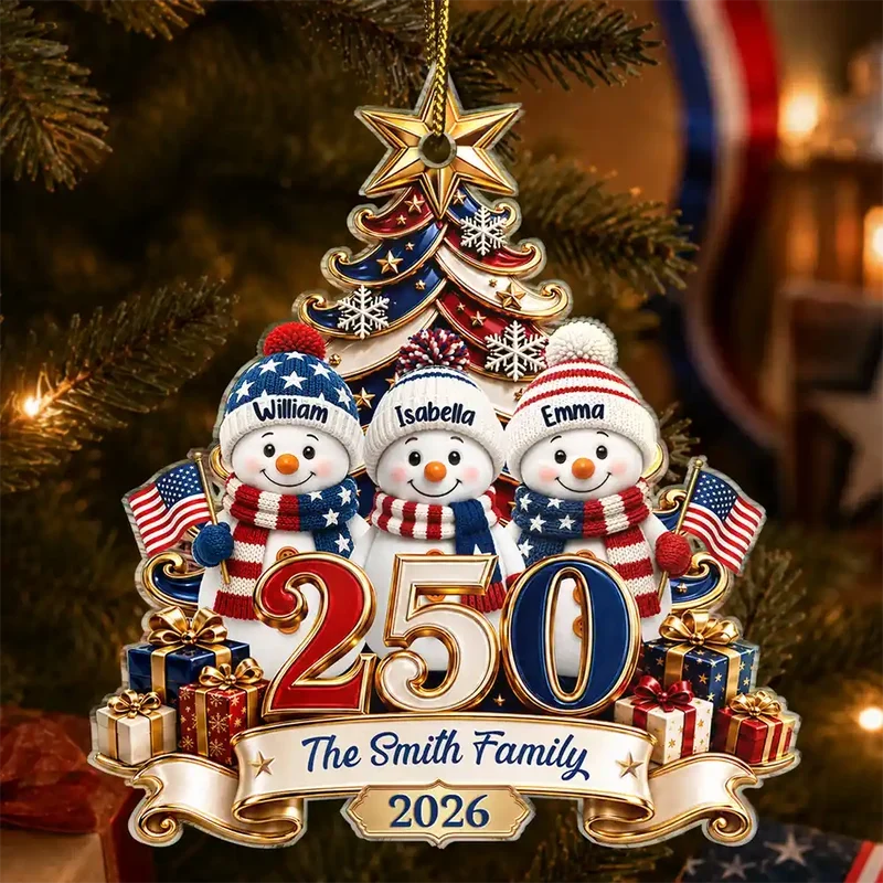 Personalized USA 250th Anniversary Snowman Family Ornament, Custom Names & Year, 1776–2026 Patriotic Christmas Keepsake