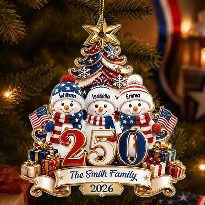 Personalized USA 250th Anniversary Snowman Family Ornament, Custom Names & Year, 1776–2026 Patriotic Christmas Keepsake