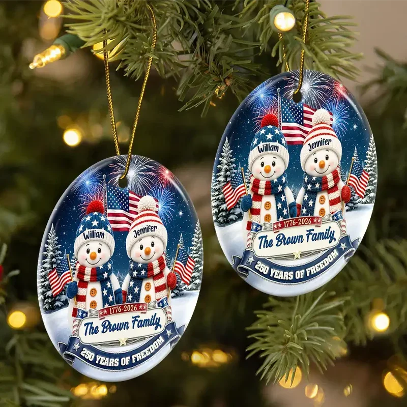 Personalized USA 250th Anniversary Snowman Family Ornament, American Flag Christmas Keepsake, Custom Family Gift