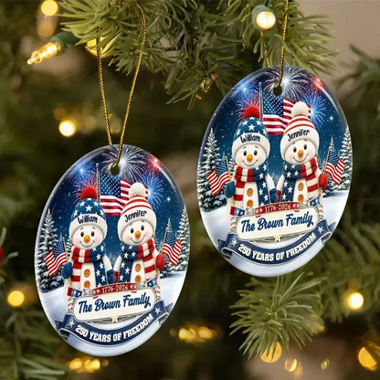 Personalized USA 250th Anniversary Snowman Family Ornament, American Flag Christmas Keepsake, Custom Family Gift
