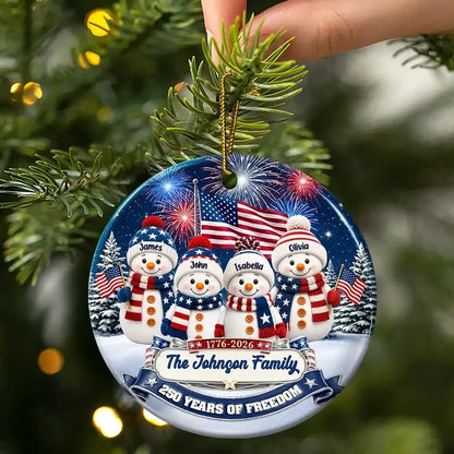 Personalized USA 250th Anniversary Snowman Family Ornament, American Flag Christmas Keepsake, Custom Family Gift