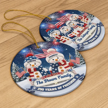 Personalized USA 250th Anniversary Snowman Family Ornament, American Flag Christmas Keepsake, Custom Family Gift