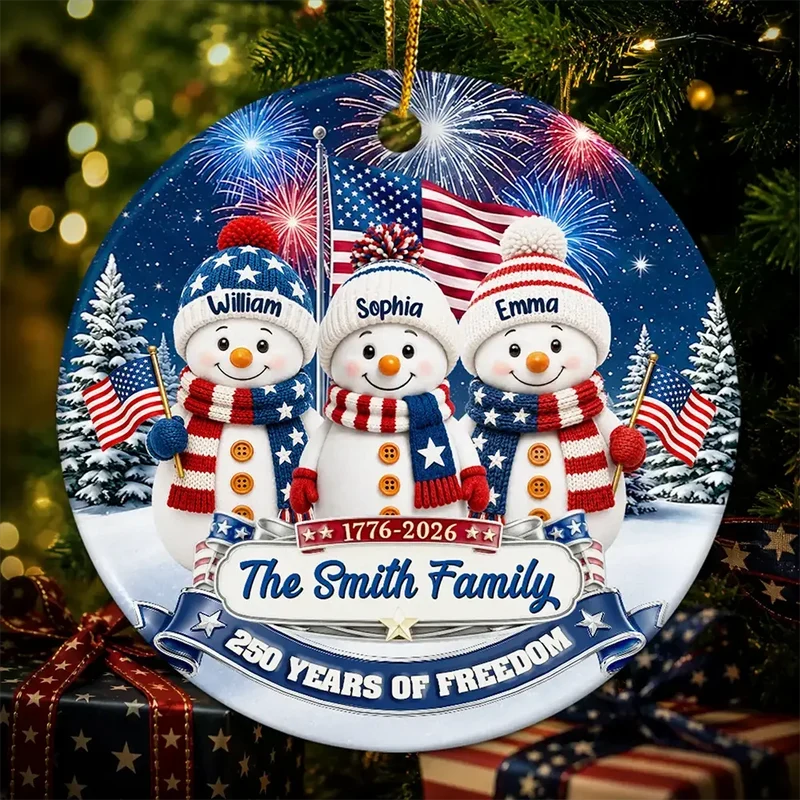 Personalized USA 250th Anniversary Snowman Family Ornament, American Flag Christmas Keepsake, Custom Family Gift