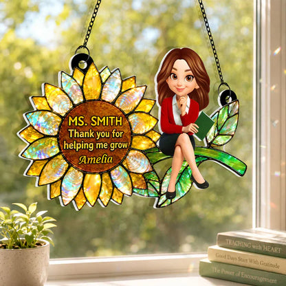 Personalized Acrylic Suncatcher Ornament for Teacher, Unique Sunflower Gift with Cartoon Teacher Holding a Book