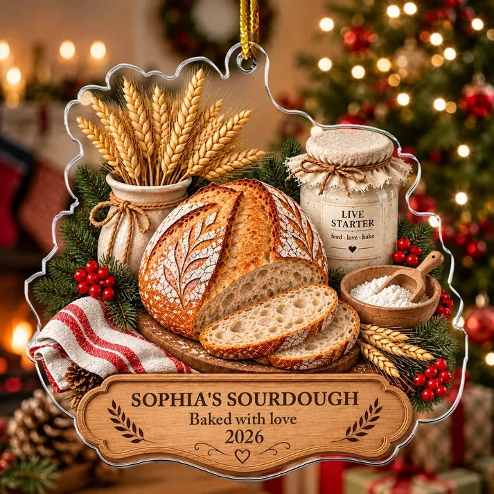 Personalized Acrylic Ornament, Sourdough Bread, Wheat & Live Starter in a Cozy Kitchen, Unique Gift for Bakers