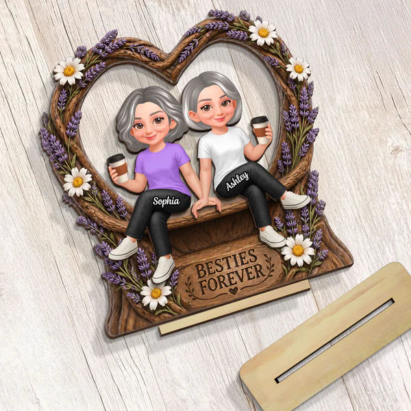 Personalized 2-Layer Wooden Plaque with Sitting Friends, Lavender Heart, Unique Gift for Besties