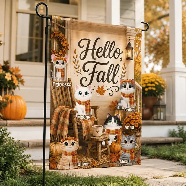 Hello Fall Garden Flag, Personalized Autumn Cat Porch Scene in Warm Orange Tones, Unique Gift for Pet Owners