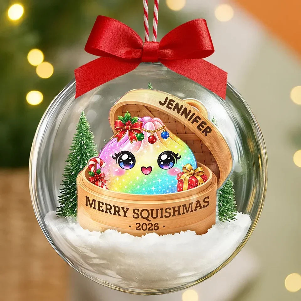 Personalized Acrylic Snow Globe Ornament, Rainbow Dumpling Peeking from Basket, Unique Christmas Gift for Squishy Fans