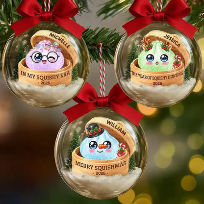 Personalized Acrylic Snow Globe Ornament, Rainbow Dumpling Peeking from Basket, Unique Christmas Gift for Squishy Fans