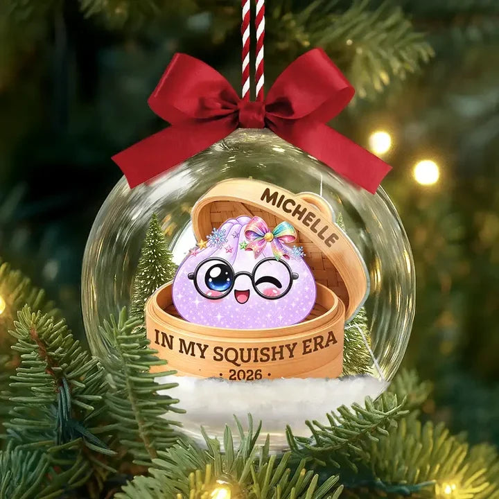 Personalized Acrylic Snow Globe Ornament, Rainbow Dumpling Peeking from Basket, Unique Christmas Gift for Squishy Fans