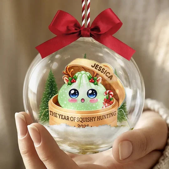 Personalized Acrylic Snow Globe Ornament, Rainbow Dumpling Peeking from Basket, Unique Christmas Gift for Squishy Fans