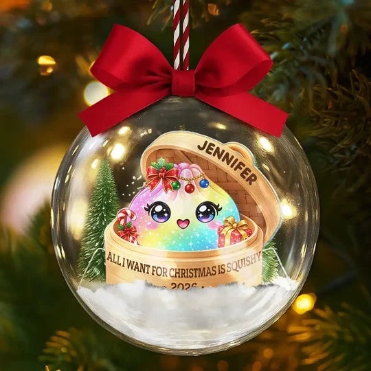 Personalized Acrylic Snow Globe Ornament, Rainbow Dumpling Peeking from Basket, Unique Christmas Gift for Squishy Fans