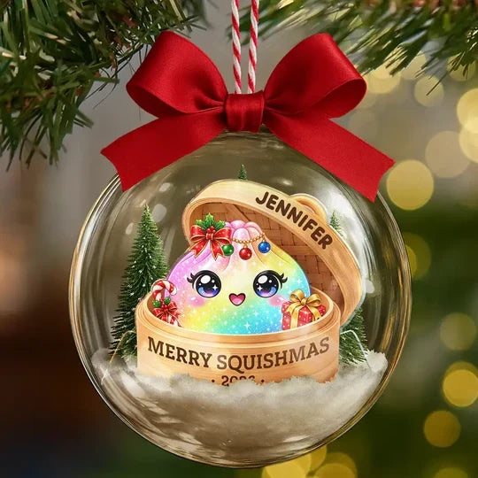 Personalized Acrylic Snow Globe Ornament, Rainbow Dumpling Peeking from Basket, Unique Christmas Gift for Squishy Fans