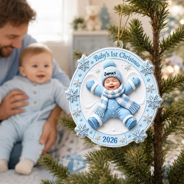 Personalized Acrylic Ornament, Smiling Baby Snow Angel in Pink, Unique Christmas Gift for New Parents
