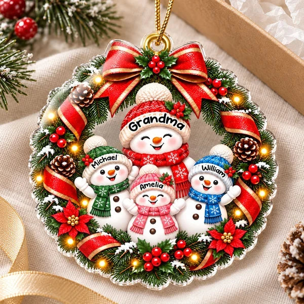 Grandma's Family Love Acrylic Ornament, Personalized Waving Snowman Wreath Keepsake, Creative Christmas Gift