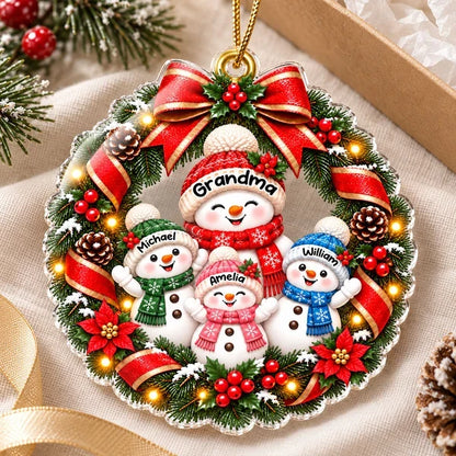 Grandma's Family Love Acrylic Ornament, Personalized Waving Snowman Wreath Keepsake, Creative Christmas Gift
