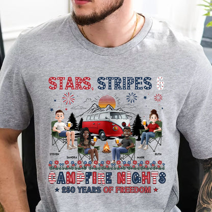 Personalized Classic Tee, Seated Campers Holding Drinks, Stars Stripes Mountain Sunset, Unique Creative Gift