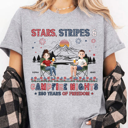 Personalized Classic Tee, Seated Campers Holding Drinks, Stars Stripes Mountain Sunset, Unique Creative Gift