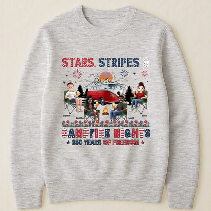 Personalized Classic Tee, Seated Campers Holding Drinks, Stars Stripes Mountain Sunset, Unique Creative Gift