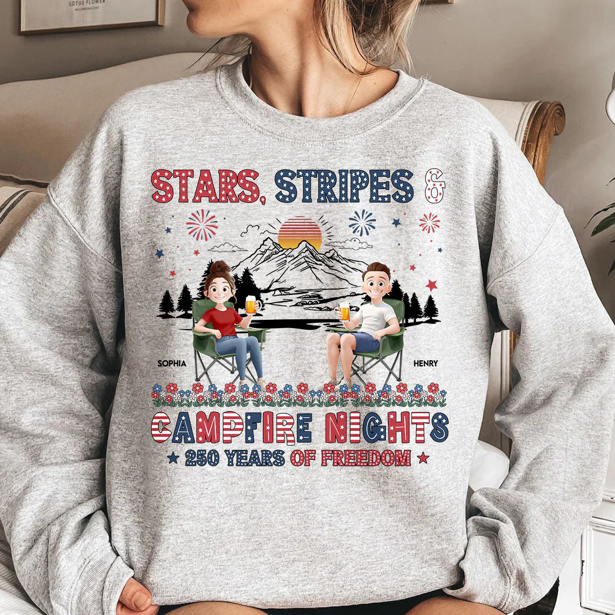 Personalized Classic Tee, Seated Campers Holding Drinks, Stars Stripes Mountain Sunset, Unique Creative Gift