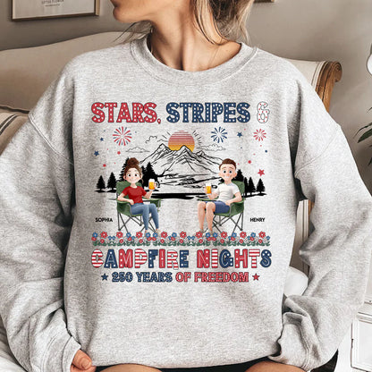 Personalized Classic Tee, Seated Campers Holding Drinks, Stars Stripes Mountain Sunset, Unique Creative Gift