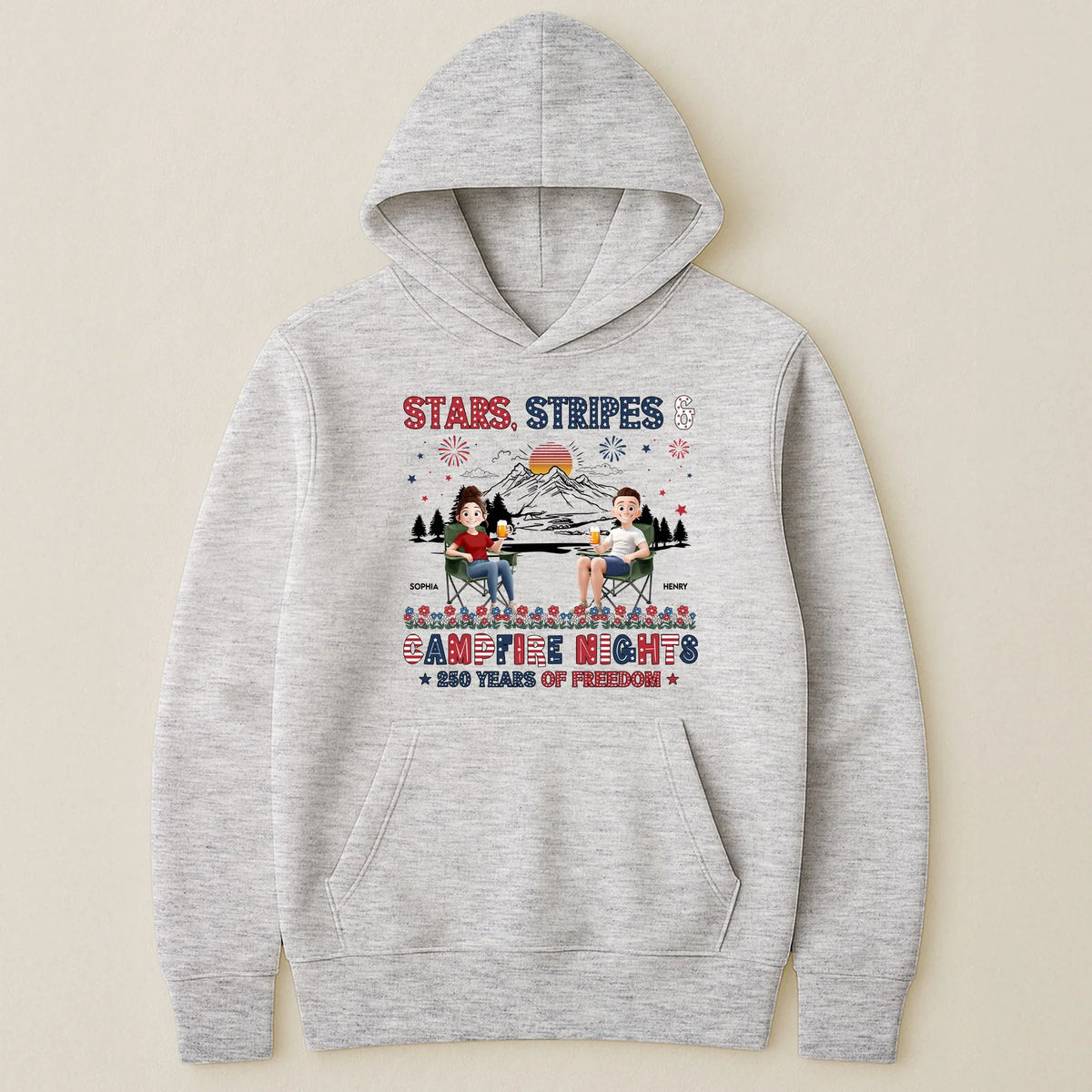 Personalized Classic Tee, Seated Campers Holding Drinks, Stars Stripes Mountain Sunset, Unique Creative Gift