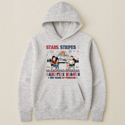 Personalized Classic Tee, Seated Campers Holding Drinks, Stars Stripes Mountain Sunset, Unique Creative Gift