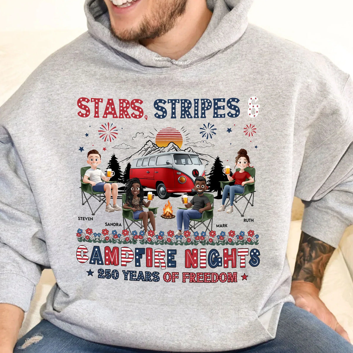 Personalized Classic Tee, Seated Campers Holding Drinks, Stars Stripes Mountain Sunset, Unique Creative Gift