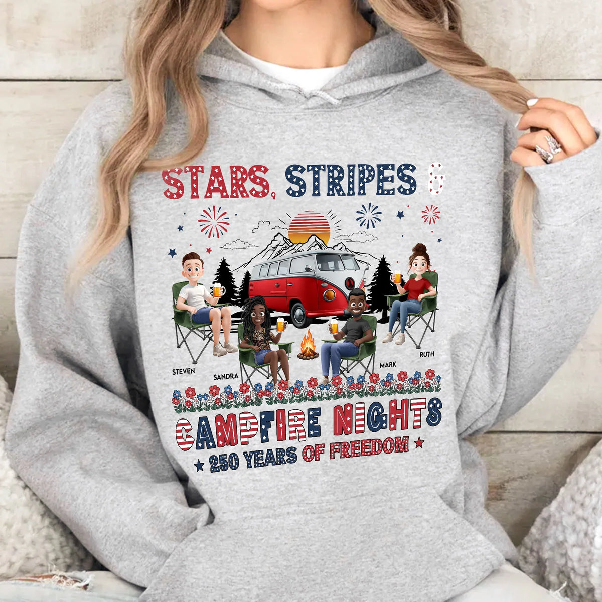 Personalized Classic Tee, Seated Campers Holding Drinks, Stars Stripes Mountain Sunset, Unique Creative Gift