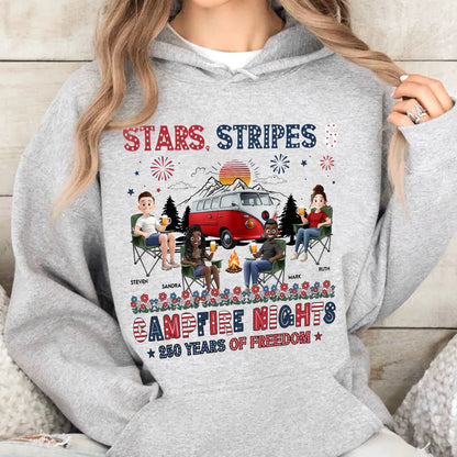 Personalized Classic Tee, Seated Campers Holding Drinks, Stars Stripes Mountain Sunset, Unique Creative Gift