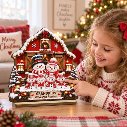 Personalized Wooden Plaque, Snowman Grandparents and Grandkids at a Snowy Red Barn, Unique Christmas Gift