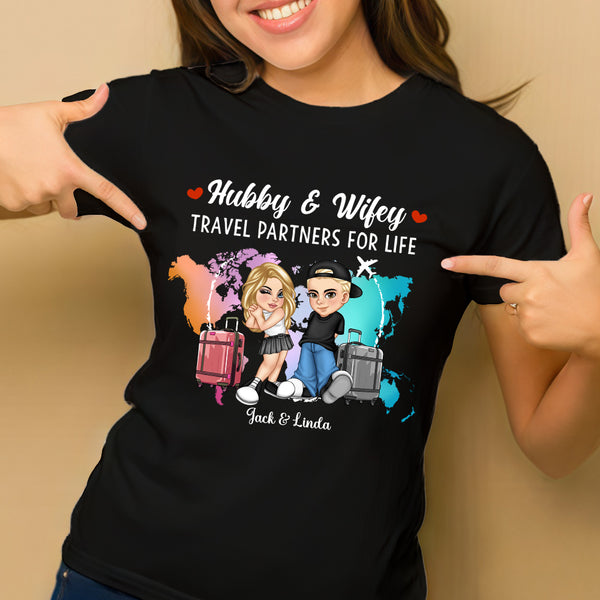 Hubby & Wifey Travel Theme T-Shirt – Personalized Couple Clothing