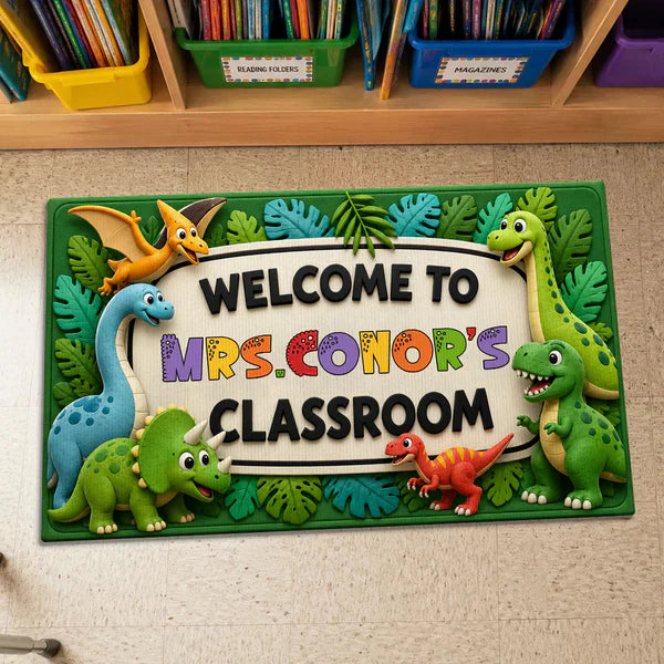Personalized Standard Doormat with Safari Dinosaurs, Unique Teacher Gift for Classroom Entry