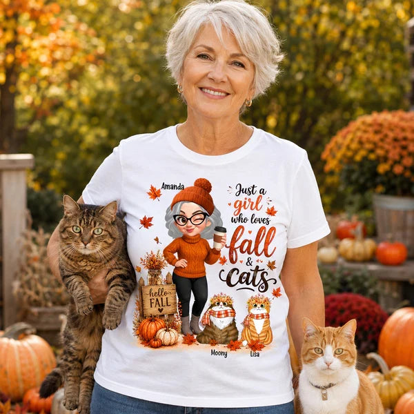 Personalized Fall & Cats Sweatshirt, Custom Cat Mom Design with Coffee, Unique Gift for Cat Lover