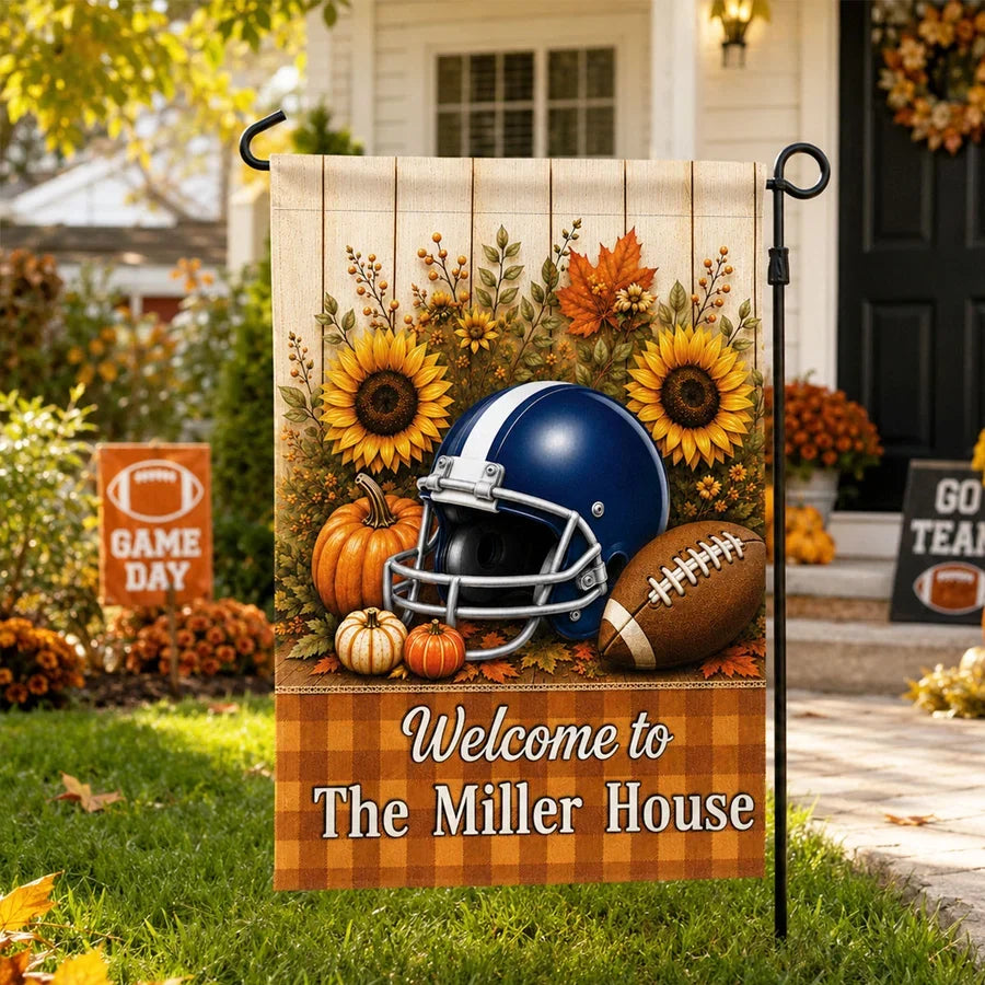 Personalized Garden Flag with Football Helmet, Pumpkins and Sunflowers, Unique Fall Gift for Family
