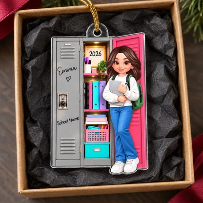 Personalized Acrylic Ornament, Cartoon Student Standing by a School Locker, Unique Christmas Gift for Teens