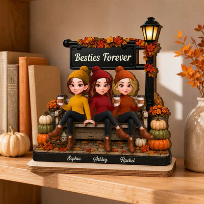 Personalized 2-Layer Wooden Plaque, Fall Lamp Post Friends Scene, Unique Gift For Besties