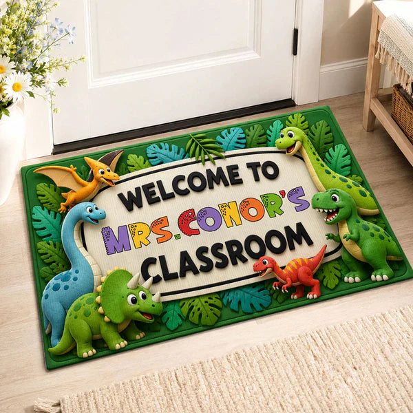 Personalized Standard Doormat with Safari Dinosaurs, Unique Teacher Gift for Classroom Entry