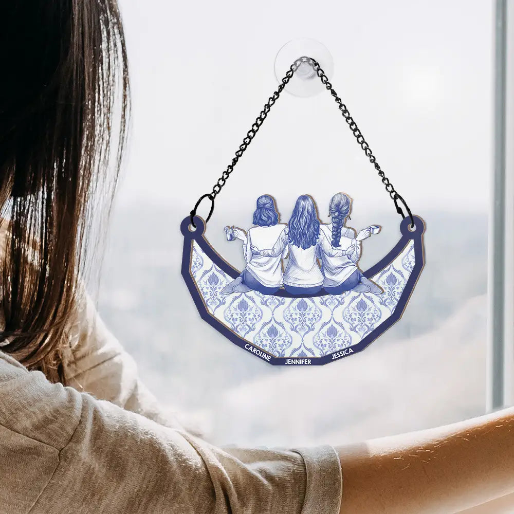 Gift For Bestie,Love - Toile Art Bestie Sitting On The Moon - Personalized Window Hanging Suncatcher Ornament
