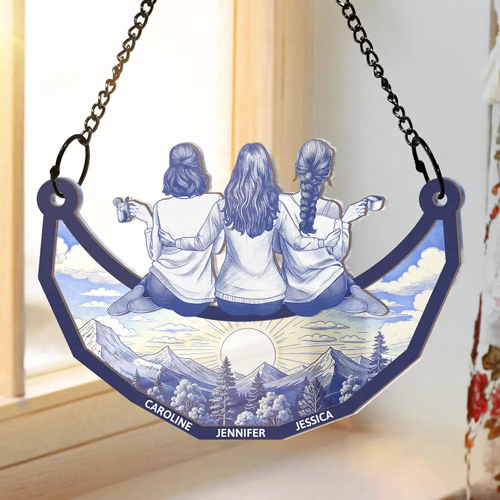 Gift For Bestie,Love - Toile Art Bestie Sitting On The Moon - Personalized Window Hanging Suncatcher Ornament