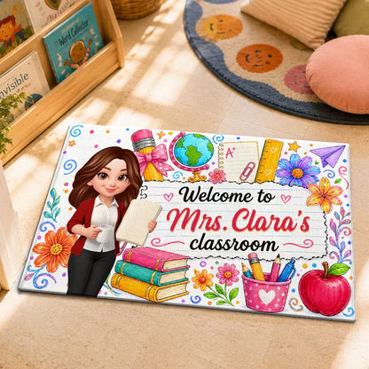 Personalized Standard Doormat for Teacher's Classroom, Watercolor Floral Welcome, Creative Gift for Teachers