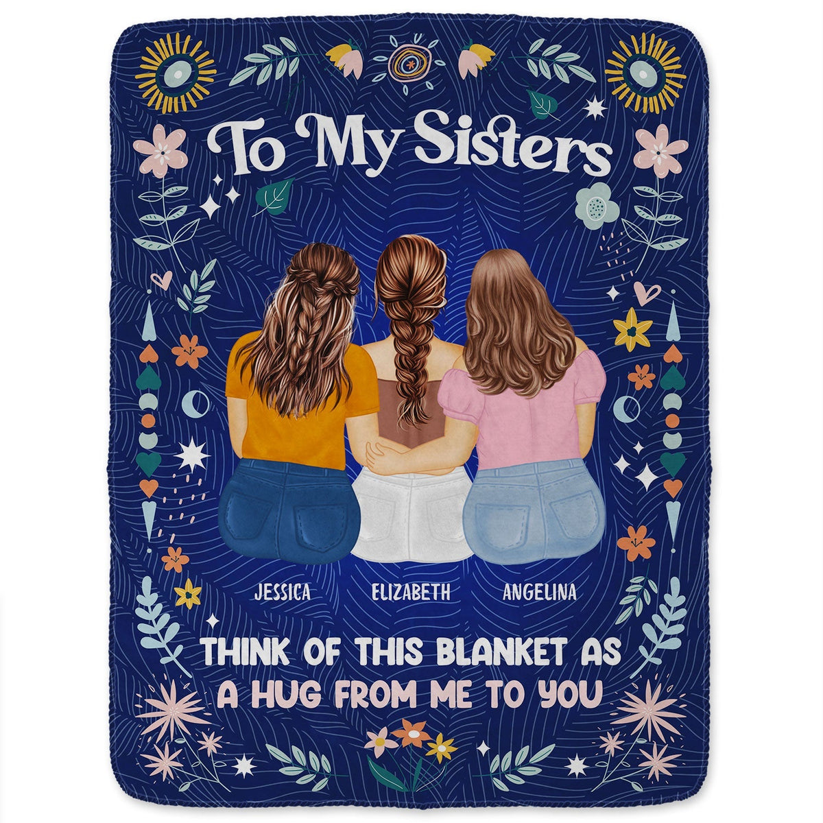 Fleece Blanket for Sister, Hugging Sisters Art with 'To My Sister' & 'A Hug from Me to You', Navy Floral, a Unique Gift