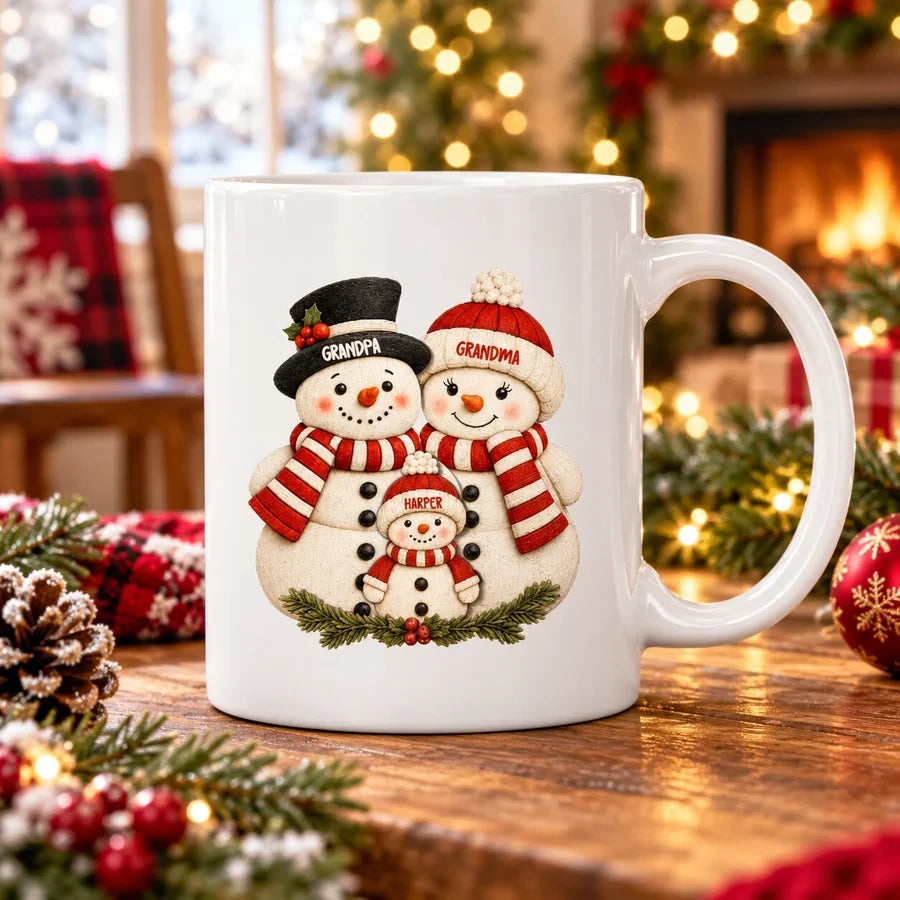 Personalized Square Pillow, Snowman Grandparents & Grandkids Gathered Together, Unique Christmas Gift for Grandparents