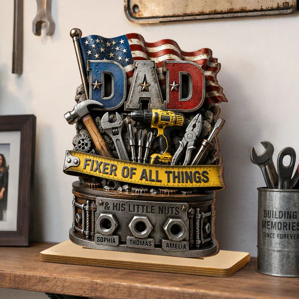 Dad Fixer of All Things Personalized 2-Layer Wooden Plaque, Creative Gift with Tools & Flag